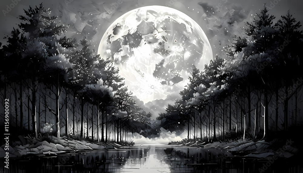 luna piena si riflette su lago, vento muove le foglie degli alberi facendole danzare in aria, Full moon reflects on lake, wind moves the leaves of the trees making them dance in the air luna piena si riflette su lago, vento muove le foglie degli alberi facendole danzare in aria, Full moon reflects on lake, wind moves the leaves of the trees making them dance in the air