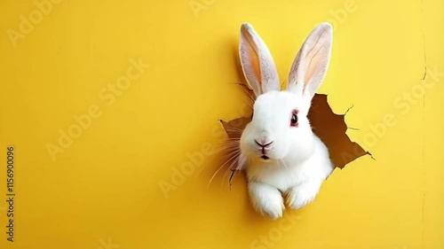 Adorable White Rabbit Peeking Through a Hole in Yellow Background