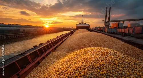 Cargo ships loaded with dried corn at the port. This gives an idea of ​​world trade and import or export. And encourages the transportation of goods by sea.