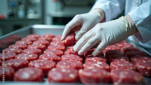 Production of semi-finished meat products at the plant. Hands in gloves form cutlets on the production belt.