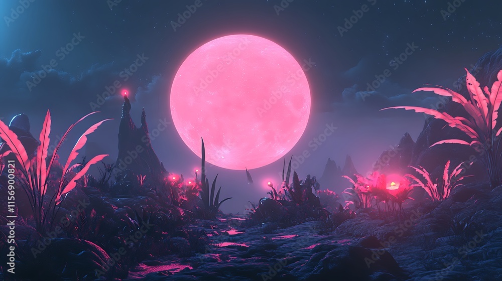 Fototapeta premium Pink Moon Illuminates Vibrant Alien Landscape: Stunning Digital Painting in a Futuristic Style. AI Generated