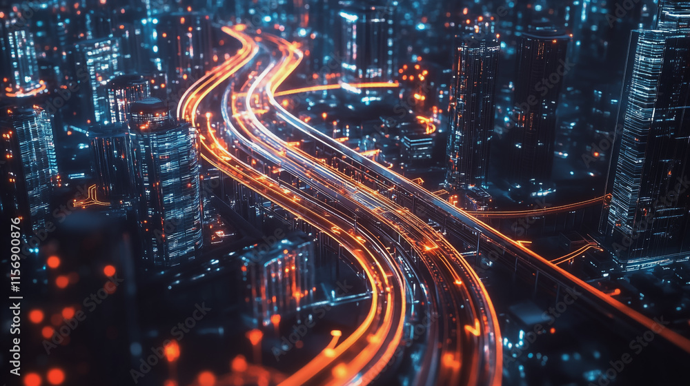 Fototapeta premium Smart digital Innovation city with connection network reciprocity over the cityscape. of future smart wireless city and social media networking systems that connects business people with in city