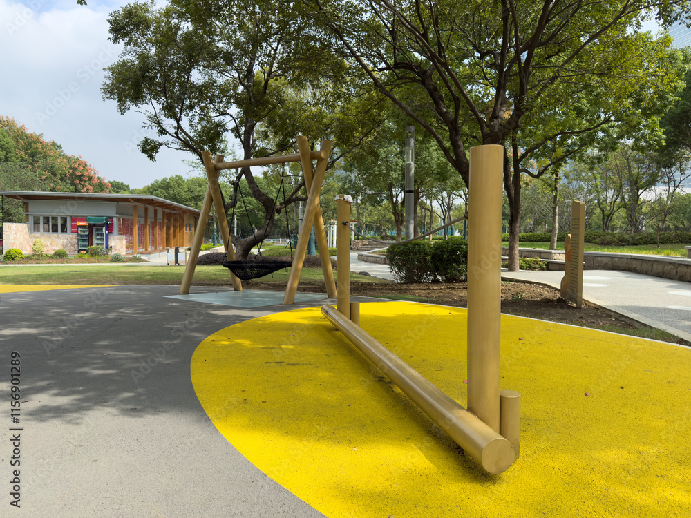 Vibrant Outdoor Playground with Unique Swing Set and Colorful Surfaces Vibrant Outdoor Playground with Unique Swing Set and Colorful Surfaces