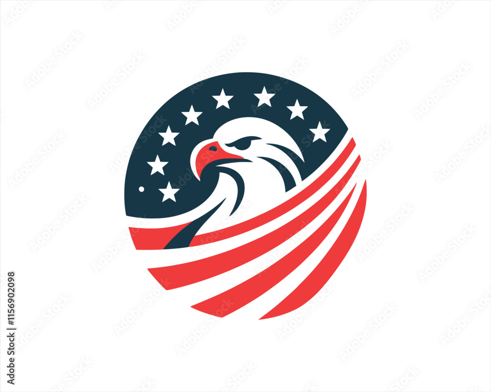 Naklejka premium Eagle logo design vector illustration in American flag color. American Eagle icon logo template. 