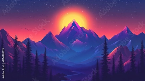 Geometric Mountain and Sunset Background Panorama - Vector Illustration

 photo