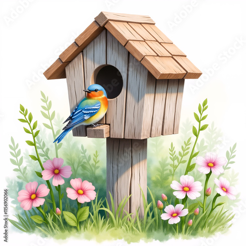 bird house and flowers