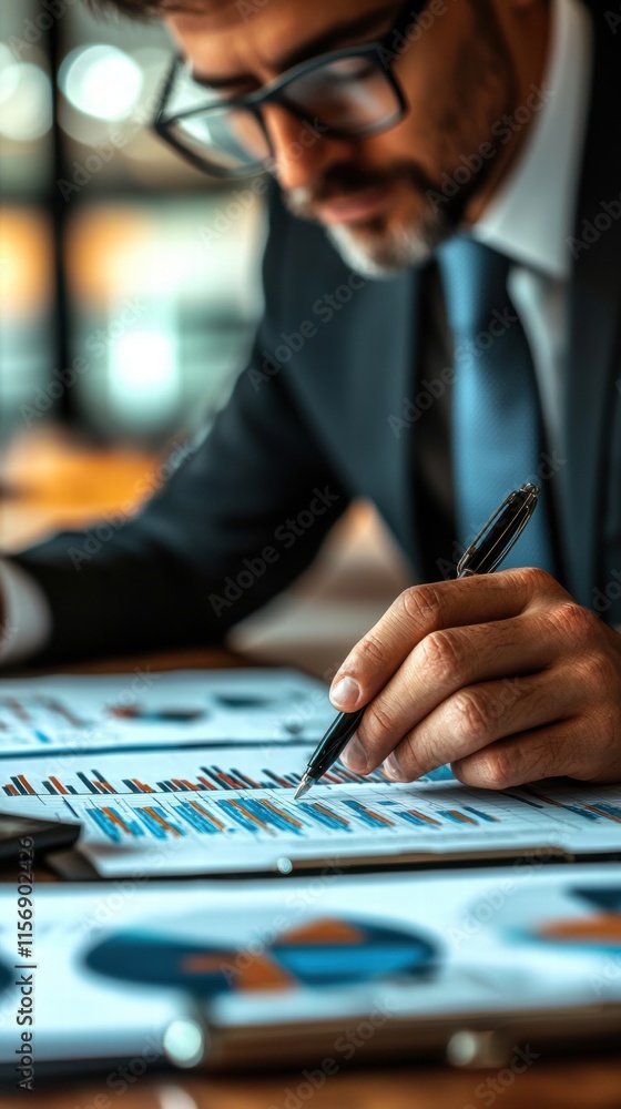 Professional Man in Suit Intently Writing on Paper in Office Setting Professional Man in Suit Intently Writing on Paper in Office Setting