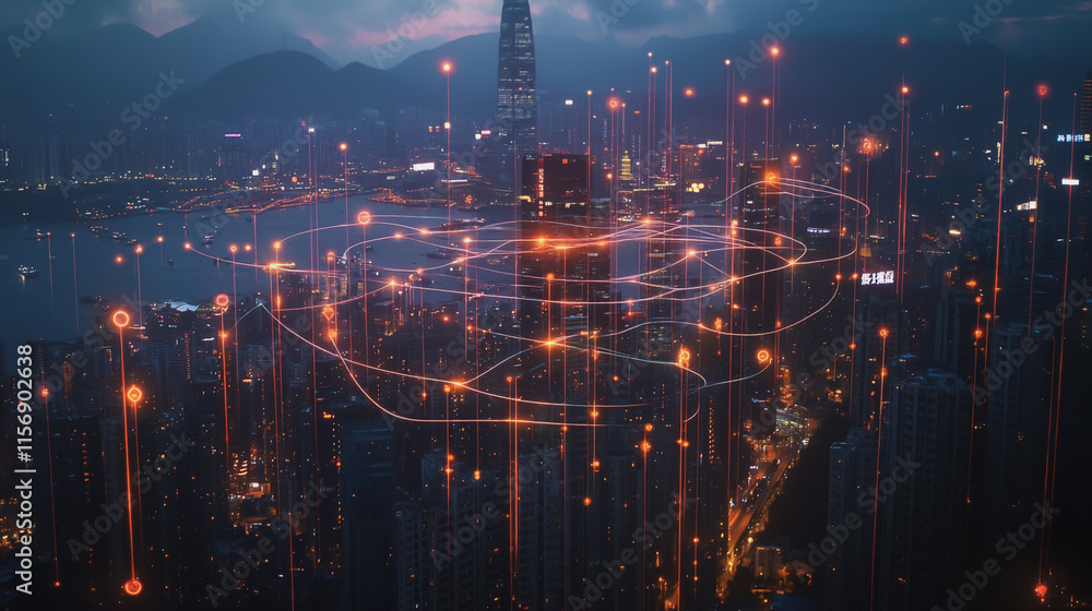 Fototapeta premium Smart digital Innovation city with connection network reciprocity over the cityscape. of future smart wireless city and social media networking systems that connects business people with in city