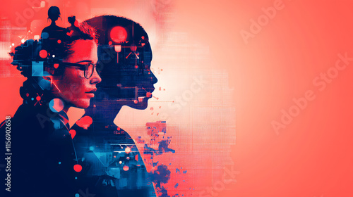Abstract profile silhouettes with vibrant colors and digital elements, symbolizing innovation and technology