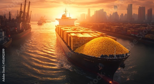 Cargo ships loaded with dried corn at the port. This gives an idea of ​​world trade and import or export. And encourages the transportation of goods by sea.