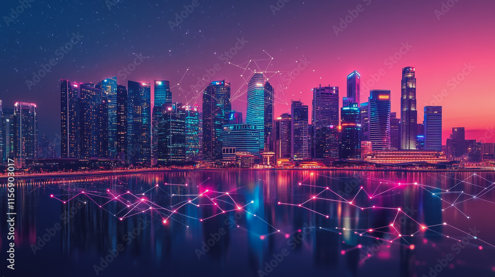 Fototapeta premium Smart digital Innovation city with connection network reciprocity over the cityscape. of future smart wireless city and social media networking systems that connects business people with in city