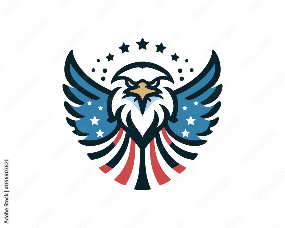 Obraz premium Eagle logo design vector illustration in American flag color. American Eagle icon logo template. 