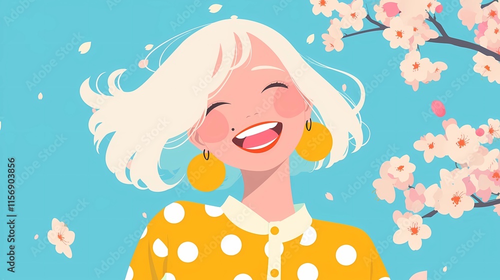 Flat Illustration of a Girl in Polka-Dot Dress Laughing Under Cherry Blossoms: Spring Lo-fi Happy Music YouTube Thumbnail