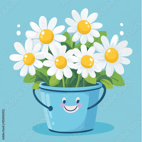 Cheerful Cartoon Daisy Bucket with Smiling Face and Playful Flower Arrangement photo