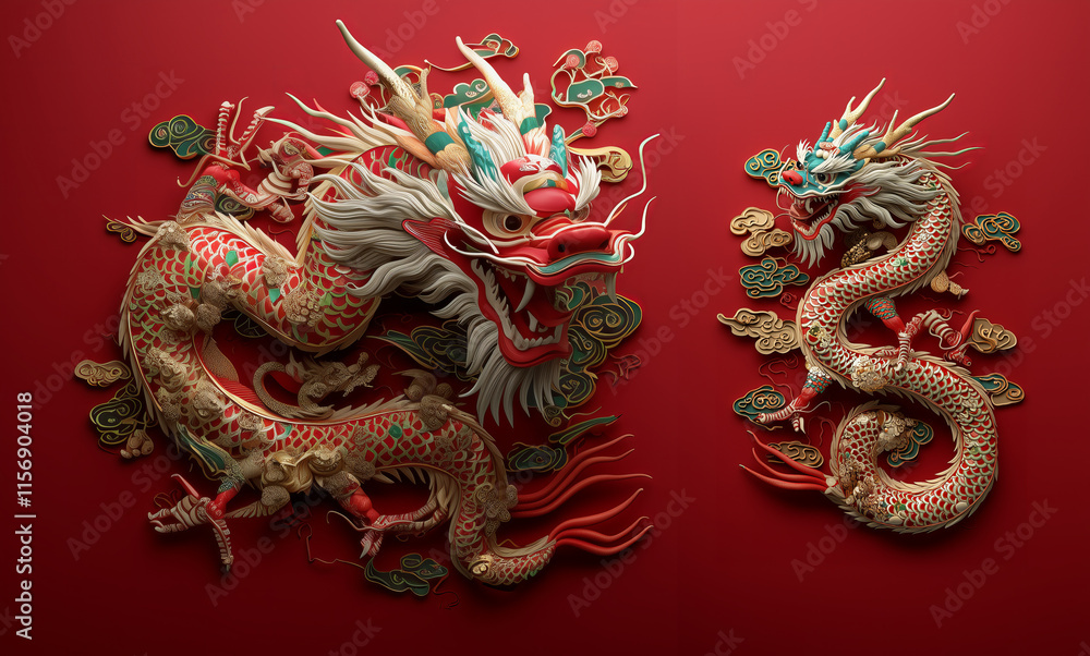 Majestic ancient Chinese dragon art displayed against a vibrant red backdrop, showcasing intricate details and cultural significance in traditional folklore Majestic ancient Chinese dragon art displayed against a vibrant red backdrop, showcasing intricate details and cultural significance in traditional folklore