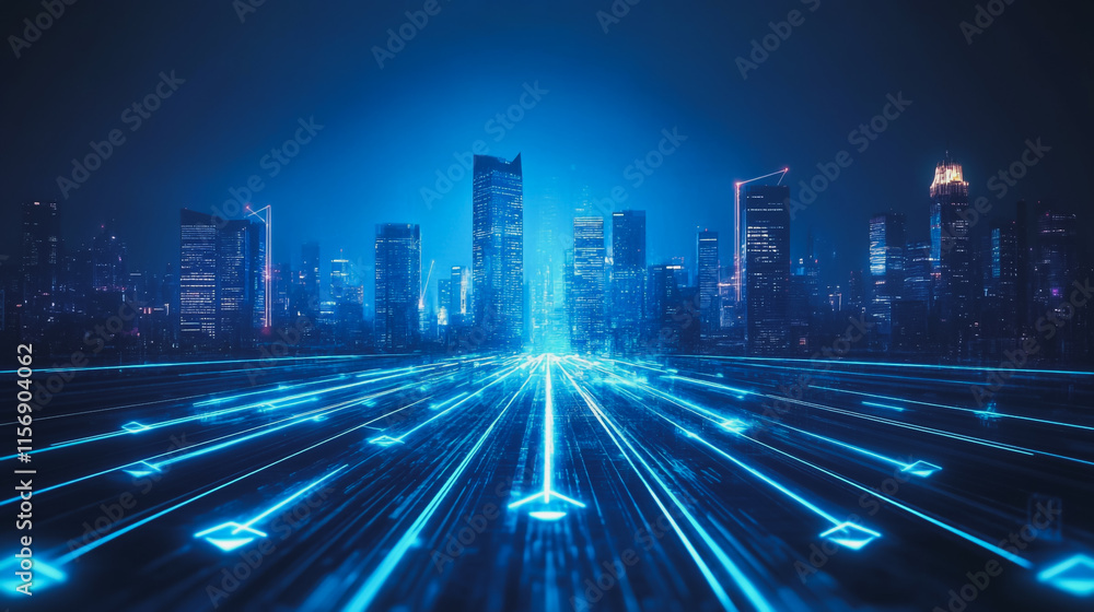 Obraz premium Smart digital Innovation city with connection network reciprocity over the cityscape. of future smart wireless city and social media networking systems that connects business people with in city