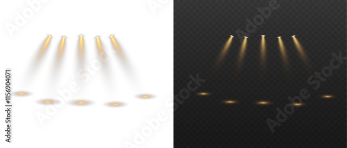 Golden spotlight shines on transparent background. Glowing light effect. Scene spotlight on stage. Spotlight PNG. Vector lights: source, studio, walls. PNG file.