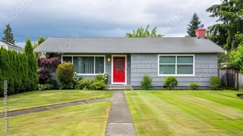 Gray Ranch House with Red Door.