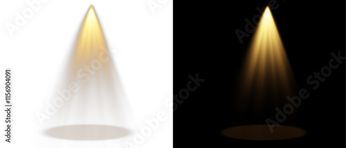 Golden spotlight shines on transparent background. Glowing light effect. Scene spotlight on stage. Spotlight PNG. Vector lights: source, studio, walls. PNG file.