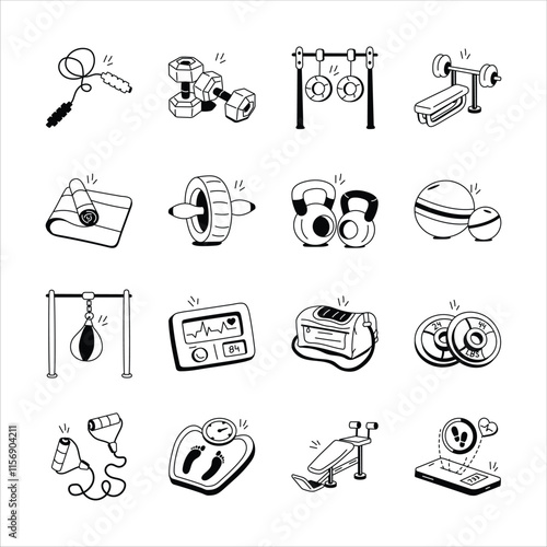 A collection of simple, black and white icons depicting various fitness equipment