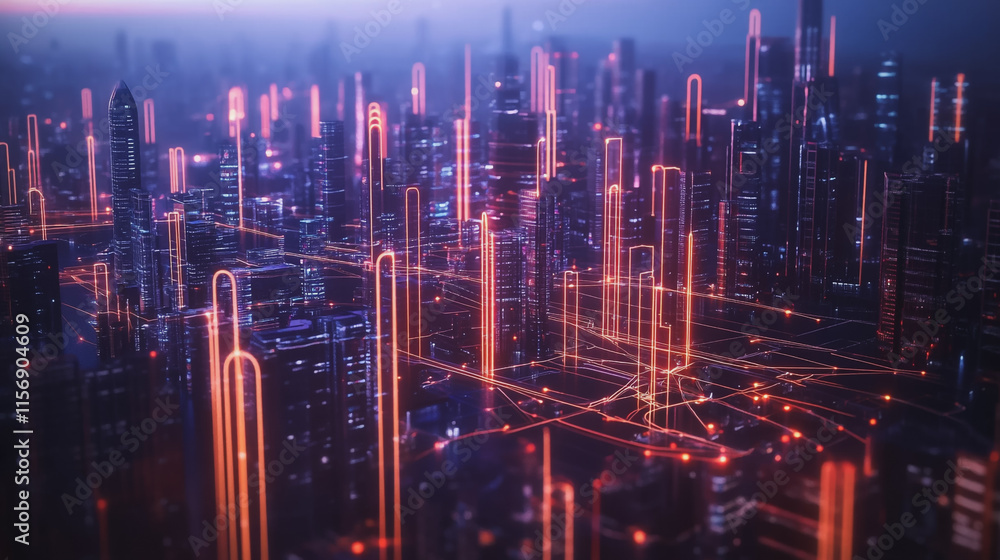 Fototapeta premium Smart digital Innovation city with connection network reciprocity over the cityscape. of future smart wireless city and social media networking systems that connects business people with in city
