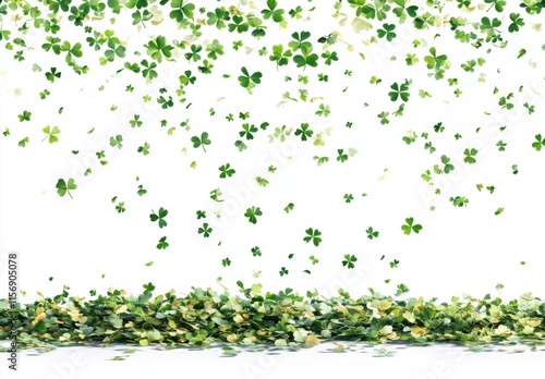 Cascading Green Clover Leaves Against a Bright White Background Creating a Lively and Fresh Atmosphere Perfect for Celebrations or Nature-Themed Designs