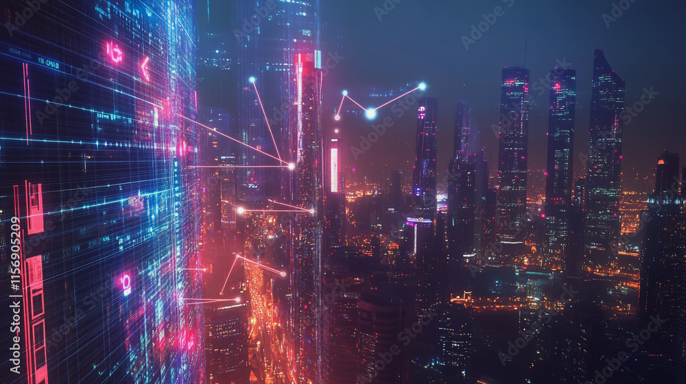 Smart digital Innovation city with connection network reciprocity over the cityscape. of future smart wireless city and social media networking systems that connects business people with in city Smart digital Innovation city with connection network reciprocity over the cityscape. of future smart wireless city and social media networking systems that connects business people with in city