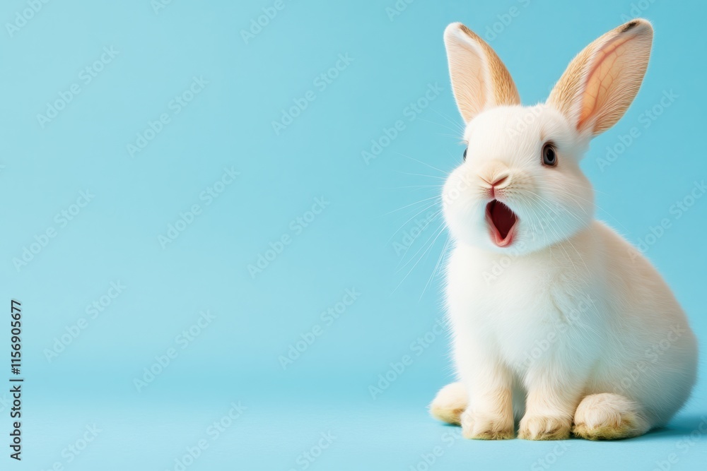 Obraz premium A fluffy white bunny with its mouth open adds joy to Easter celebrations, enhancing happiness and togetherness for friends, children, and families during this festive season of love