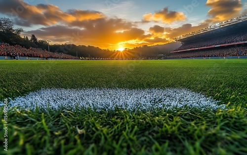 Sunset over a packed stadium, low angle view of the field. photo