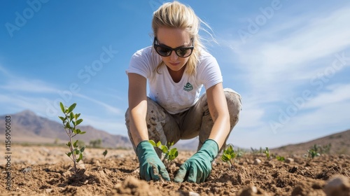 A dedicated woman planting young trees in an arid landscape under a bright blue sky, showcasing commitment to environmental sustainability and reforestation efforts. photo