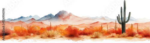 Desert Watercolor Landscape: A stunning watercolor painting captures the essence of the desert with majestic mountains, towering cacti, and a vibrant palette of warm colors.