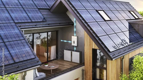 Modern house with solar panels and backup power supply