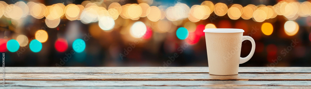 cozy cup of hot beverage on wooden table, surrounded by festive lights. Perfect for winter gatherings cozy cup of hot beverage on wooden table, surrounded by festive lights. Perfect for winter gatherings