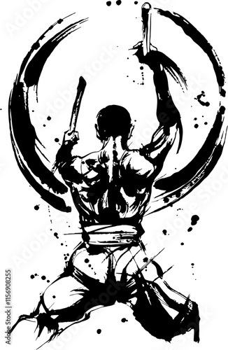 A powerful ink painting captures a taiko drummer in mid-swing their muscles rippling with the force of their performance The image evokes a sense of raw energy cultural tradition vector t-shirt wall