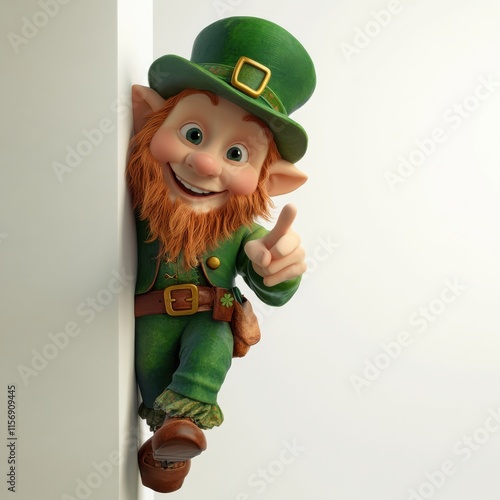 Cheerful Cartoon Leprechaun Character with Red Beard and Green Outfit Playfully Peeking Around Corner in a Bright and Whimsical Setting