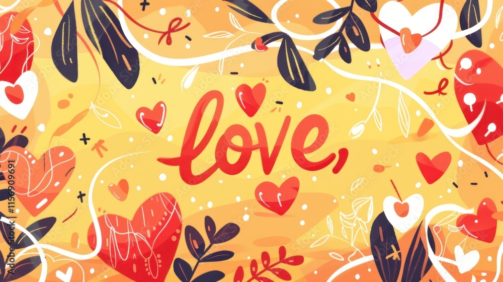 Fototapeta premium Love Concept with Artistic Hearts and Floral Elements in Vibrant Background Illustrating Affection and Romance