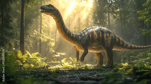 Majestic Dinosaur in Sunlit Forest: A Prehistoric Scene photo