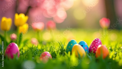 Easter card with bright flowers and painted eggs in the rays of light of a spring garden.