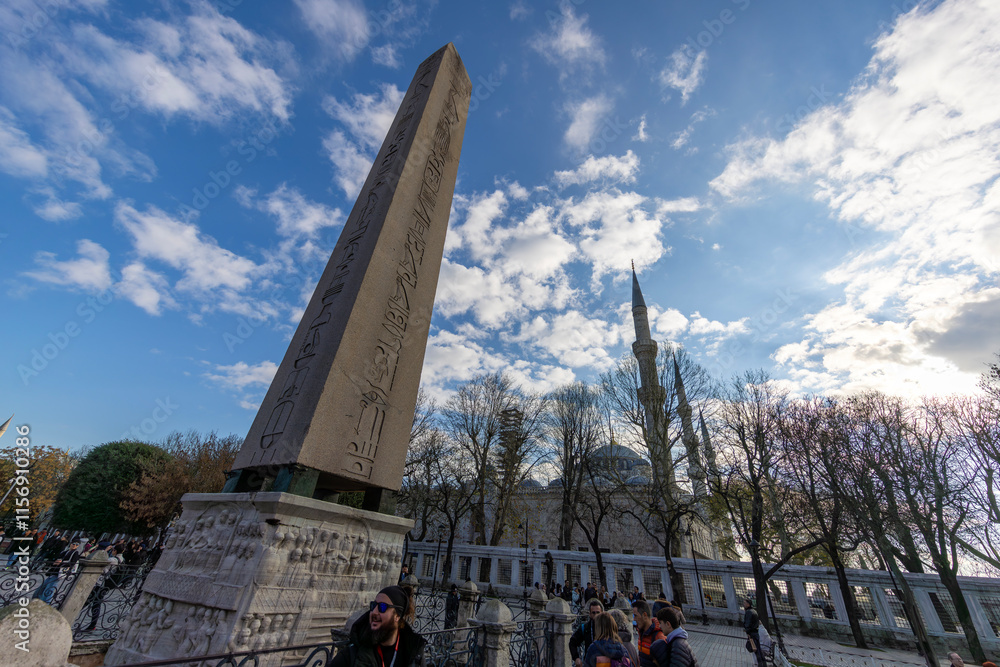 Obelisk of Theodosius and Blue Mosque from Istanbul, Turkey. High quality photo