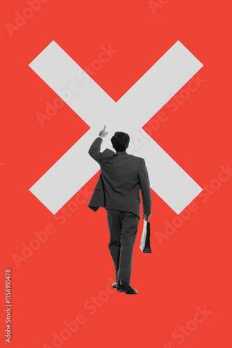 Bild auf Leinwand Businessman walks confidently toward large white X on red background, symbolizing challenges, goals, or rejection in business