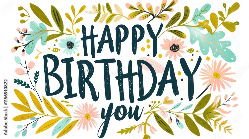 Obraz premium Happy Birthday You Greeting Card Surrounded by Vibrant Floral and Leaf Designs, Perfect for Celebrating Special Occasions with Loved Ones