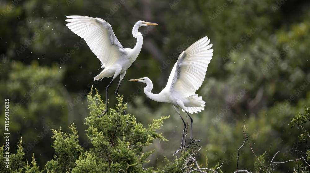 Two Great Egrets taking flight from a bush. Two Great Egrets taking flight from a bush.