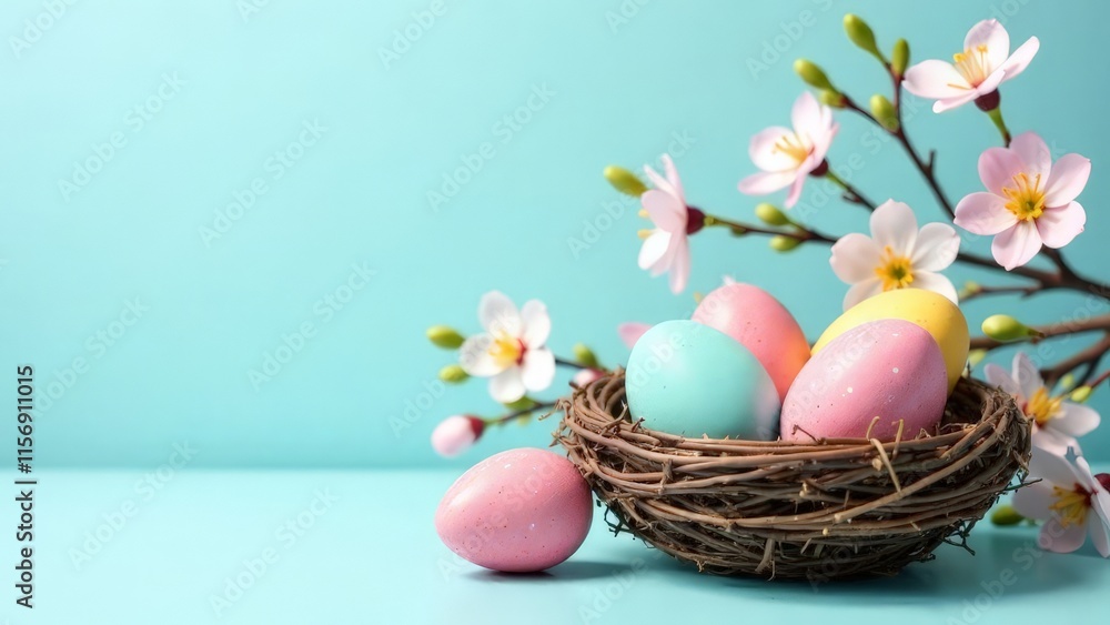 A nest with painted eggs and flowers. A nest with painted eggs and flowers.