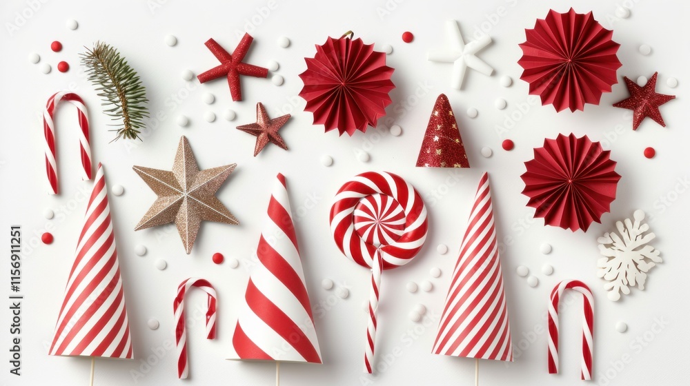 Fototapeta premium Festive Party Decorations with Red and White Elements Including Striped Hats, Candy Canes, and Paper Stars Set Against a Bright Background for Holiday Celebrations