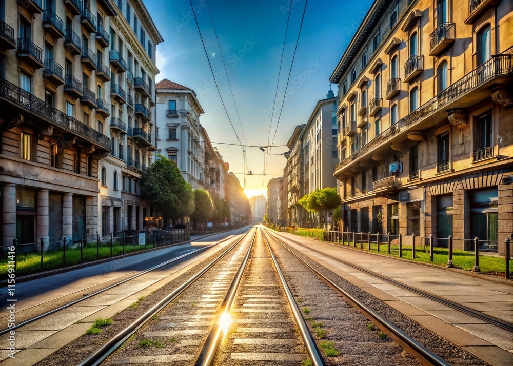 Empty Milan Street, Railroad Tracks, COVID-19 Lockdown, Italy, Deserted Cityscape Empty Milan Street, Railroad Tracks, COVID-19 Lockdown, Italy, Deserted Cityscape