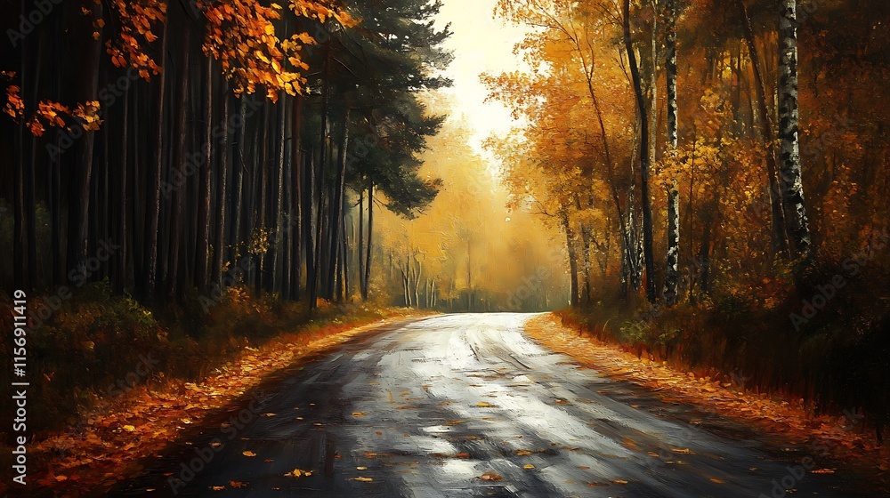 Obraz premium Vibrant Autumn Road: Serene Digital Painting, Misty Forest Path. AI Generated