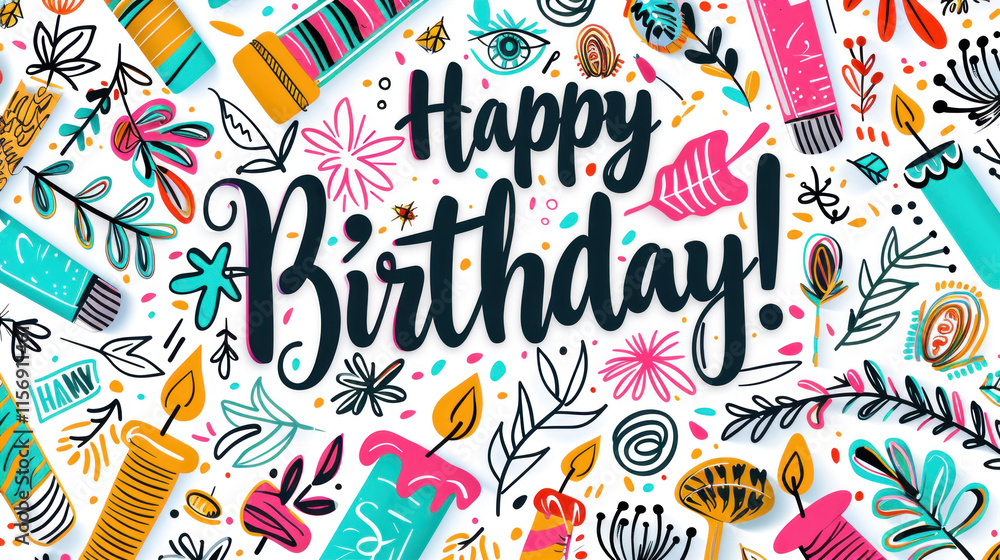Obraz premium Birthday Celebration Designs with Festive Elements, Candles, and Handwritten Messages for Joyful Occasions and Creative Invitations