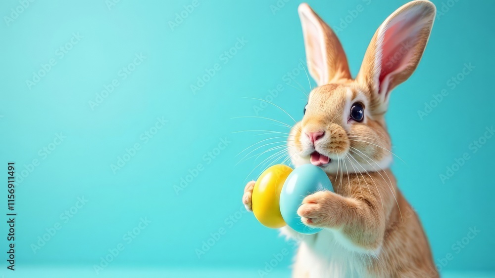 Obraz premium Rabbit on a blue background with Easter painted eggs.