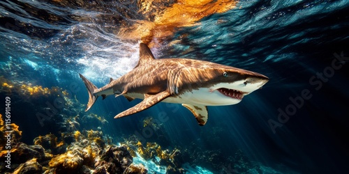 Greenland shark swimming in cold water near coral reef photo