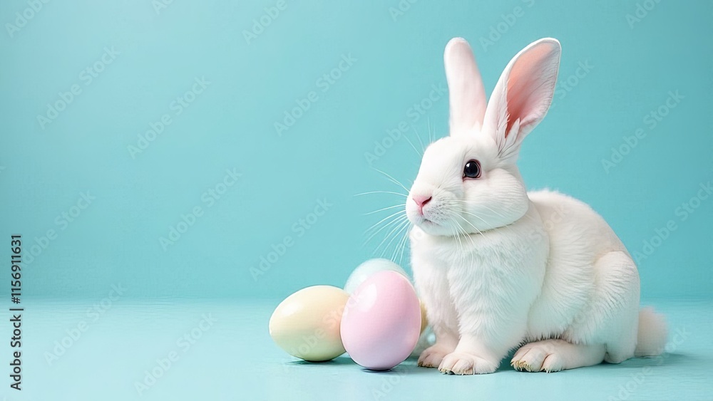 Rabbit on a blue background with Easter painted eggs. Rabbit on a blue background with Easter painted eggs.